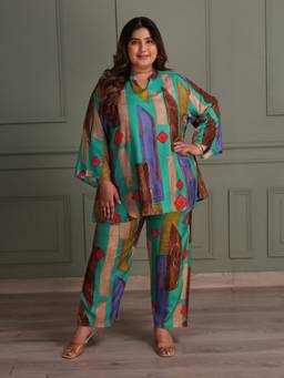 TITTLI - Women Plus Size All Over Printed Teal Co Ord Set