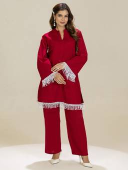 TITTLI - Women Mandarin Collar Neck Embellished Maroon Co-Ord Set