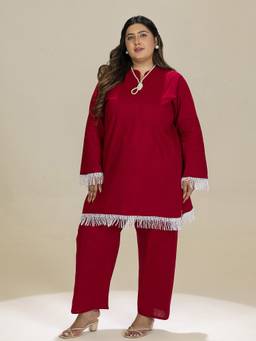 TITTLI - Women Mandarin Maroon Plus Size Co-Ord Set