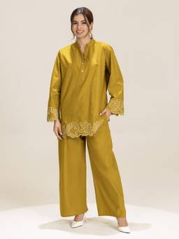 TITTLI - Women Mandarin Collar Neck Embroidered Mustard Co-Ord Set