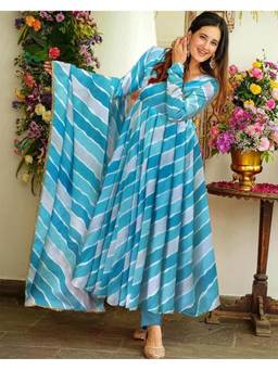 Femvy - Women’S Printed Anarkali Flared Blue Maxi Dress