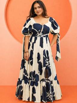 Femvy - Women’S Abstract Printed Blue Maxi Dress