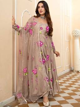 Femvy - Women’S Beige Floral Printed Maxi Dress