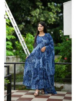 Femvy - Women’S Floral Printed Anarkali Navy Blue Maxi Dress