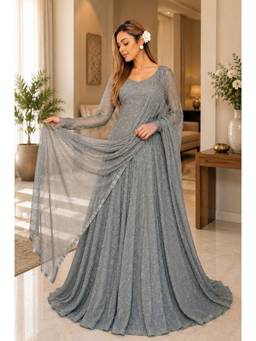 Femvy - Women’S Floral Printed Anarkali Grey Maxi Dress