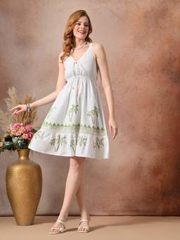 CHARMGAL - Tropical Print A-Line White Knee Length Dress