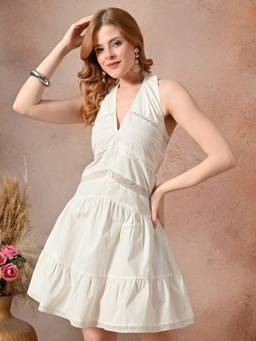 CHARMGAL - Halter Neck A-Line White Mini Dress