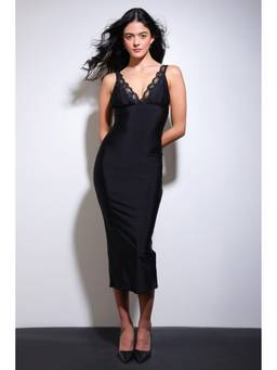 COLOR CAPITAL - Lace Trim Black Midi Dress