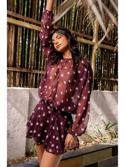 COLOR CAPITAL - Soft Flare Polka Brown Mini Dress