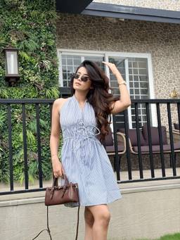 COLOR CAPITAL - Drawstring Halterneck Blue Mini Dress