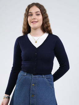 Monte Carlo - Women V-Neck Full Sleeve Cardigan Navy Blue