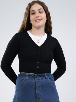 Monte Carlo - Women V-Neck Full Sleeve Cardigan Black