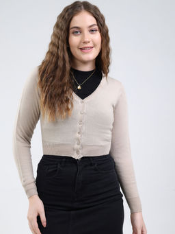 Monte Carlo - Women V-Neck Full Sleeve Cardigan Beige