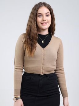 Monte Carlo - Women V-Neck Full Sleeve Cardigan Beige