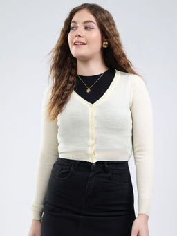 Monte Carlo - Women V-Neck Full Sleeve Cardigan Off White