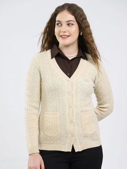 Monte Carlo - Women V-Neck Full Sleeve Cardigan Beige