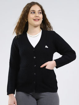 Monte Carlo - Women V-Neck Full Sleeve Cardigan Black