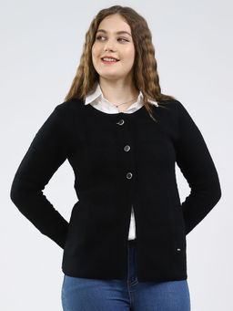 Monte Carlo - Women Round Neck Full Sleeve Cardigan Black