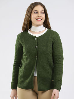 Monte Carlo - Women Round Neck Full Sleeve Cardigan Green