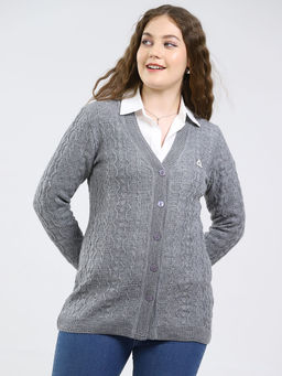 Monte Carlo - Women V-Neck Full Sleeve Cardigan Grey