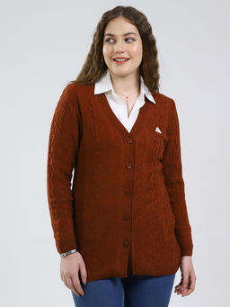 Monte Carlo - Women V-Neck Full Sleeve Cardigan Rust