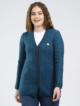 Monte Carlo - Women V-Neck Full Sleeve Cardigan Teal
