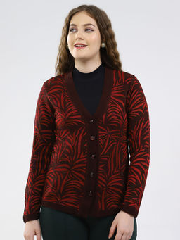 Monte Carlo - Women V-Neck Full Sleeve Cardigan Maroon