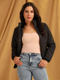 CAYMAN - Women Solid Stand Collar Quilted Jacket Black