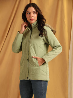 CAYMAN - Women Hooded Solid Casual Parka Jacket Green