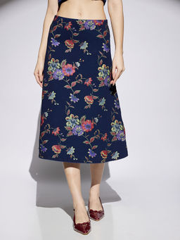 Globus - Women Med Blue Floral Printed Mid Rise A-Line Midi Denim Skirt