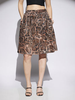 Globus - Women Gold Animal Print Accordion Pleated Mid Rise Flared Skirt