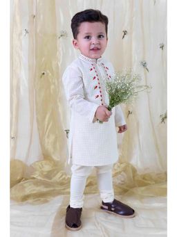 TIBER TABER - Boy Bird Embroidery Zari Kurta Cream (Set of 2)