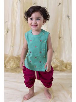 TIBER TABER - Boy Zari Checks Embroidery Kurta Dhoti Green (Set of 2)