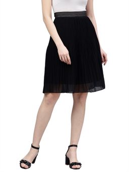 KASSUALLY - Black Solid Pleated A-Line Skirt