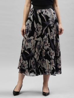 KASSUALLY - Black & Beige Printed Flared Midi Skirt