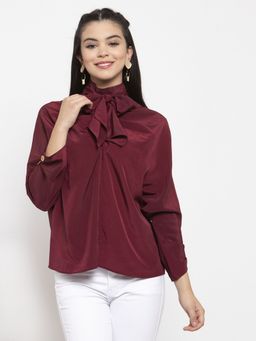 KASSUALLY - Maroon Solid Top with High Neck