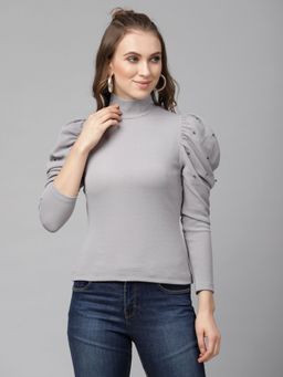 KASSUALLY - Grey Coloured Solid Fitted Top
