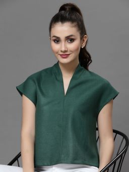 KASSUALLY - Bottle Green Built Up Collar Extended Sleeves Boxy Top