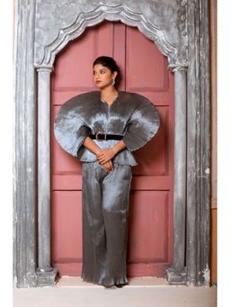 Uptownie - Womens Pleated Organza Exaggerated Sleeves Top and Pants (Set of 2)