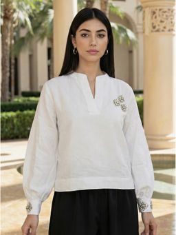 Naava - White Balloon Sleeve Crystal Top