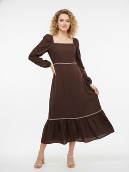 ANVI Be Yourself - Brown Rayon Solid Square Neck Dress