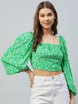 DELAN - Green Floral Print Bishop Sleeves Crepe Crop Top