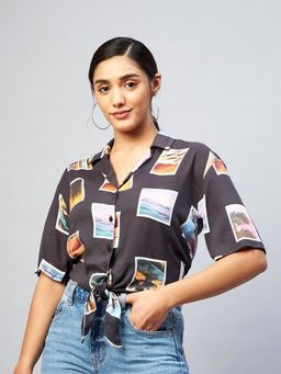 DELAN - Black Classic Slim Fit Printed Casual Shirt Style Crop Top
