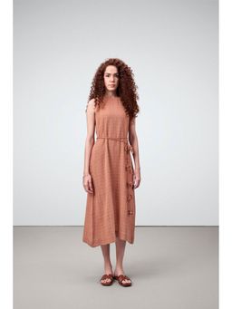 SAVA - Brown Cotton Guipure A-Line Dress with Belt