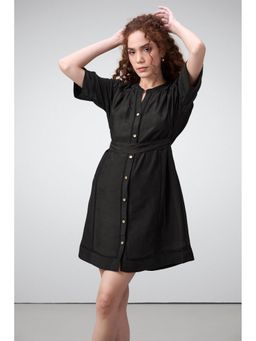 SAVA - Black Lace Trim Button Front Short Shirt Dress with Belt