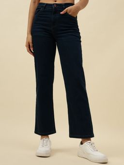 Beatnik - Solid Cotton Blend Straight Fit Button and Zip Dark Blue Jeans