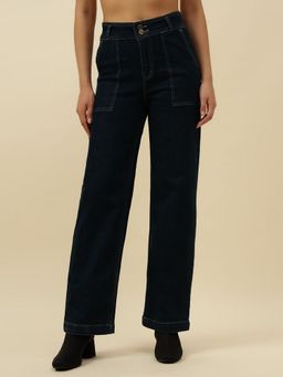 Beatnik - Solid Denim Straight Fit Button and Zip Dark Blue Jeans