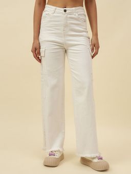 Beatnik - Twill Cotton Blend Straight Fit Button and Zip White Jeans