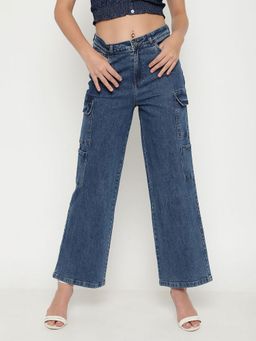 Beatnik - Solid Denim Straight Fit Button and Zip Denim Blue Jeans