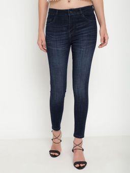 Beatnik - Solid Denim Slim Fit Button and Zip Dark Blue Jeans